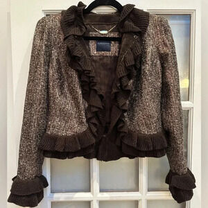 Magaschoni Collection Gold Metallic Tweed Ruffled Wool Blend Jacket Size 2